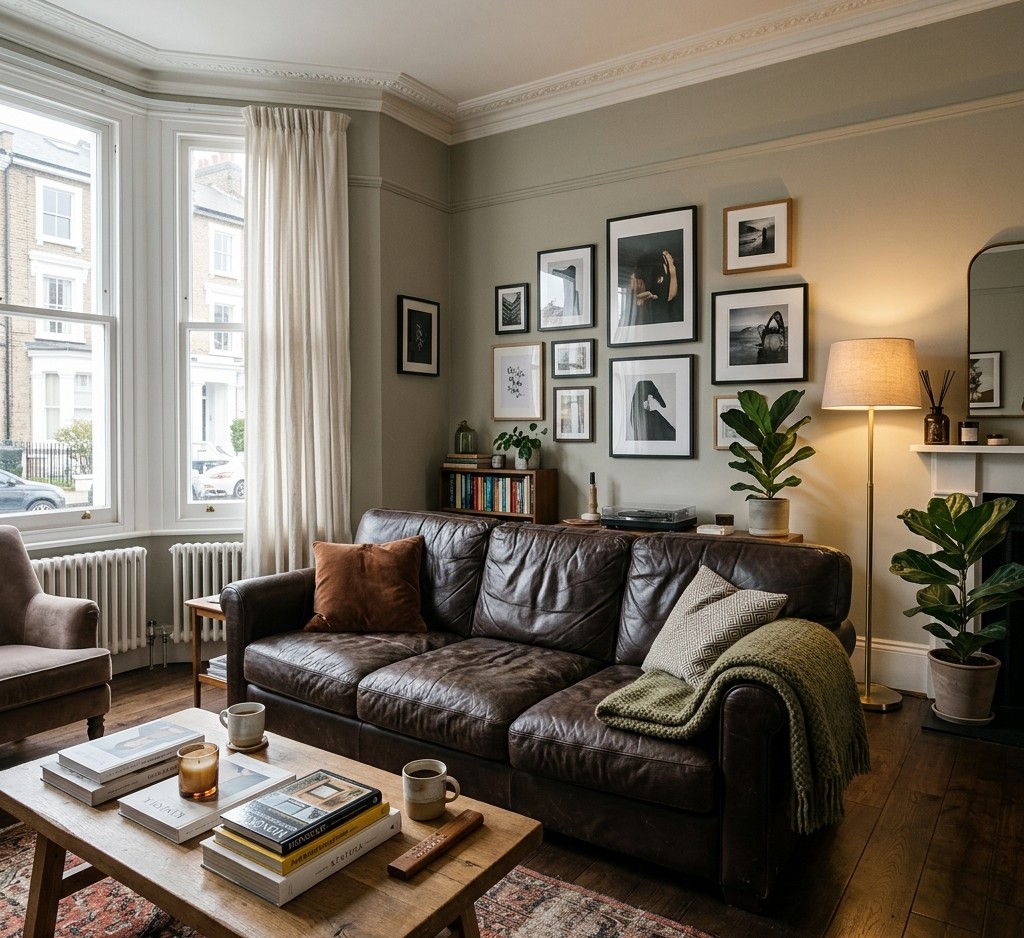 a large dark-coloured leather sofa placed in the centre of a cosy, lived-in West London apartment living room