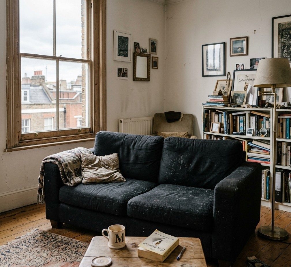 black two-seat fabric sofa placed slightly off-centre, showing clear signs of daily use